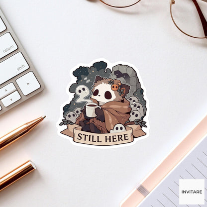 Still Here Possum Sticker, Mental Health Halloween Meme Decal for Laptops
