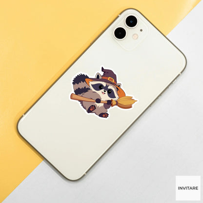Witch Hat Raccoon Sticker, Funny Halloween Broom Decal for Laptop Journals