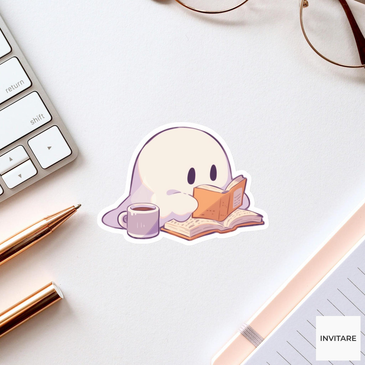 Ghost Reading Mug Sticker, Cozy Bookish Halloween Decal for Kindle Journals
