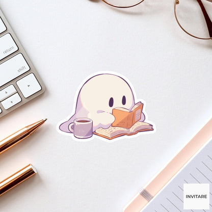 Ghost Reading Mug Sticker, Cozy Bookish Halloween Decal for Kindle Journals