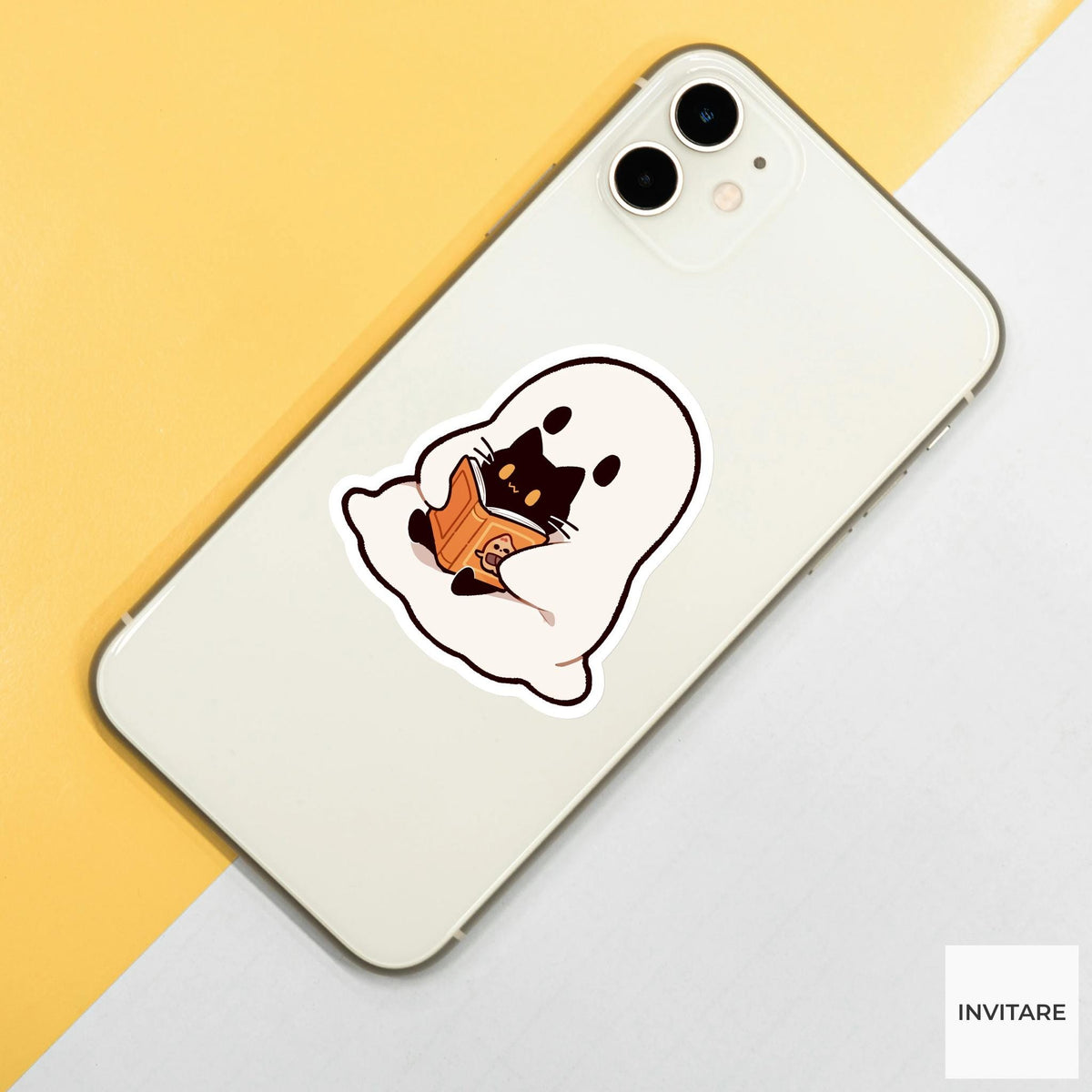 Ghost Reading Black Cat Sticker, Cozy Halloween Book Decal for Journals