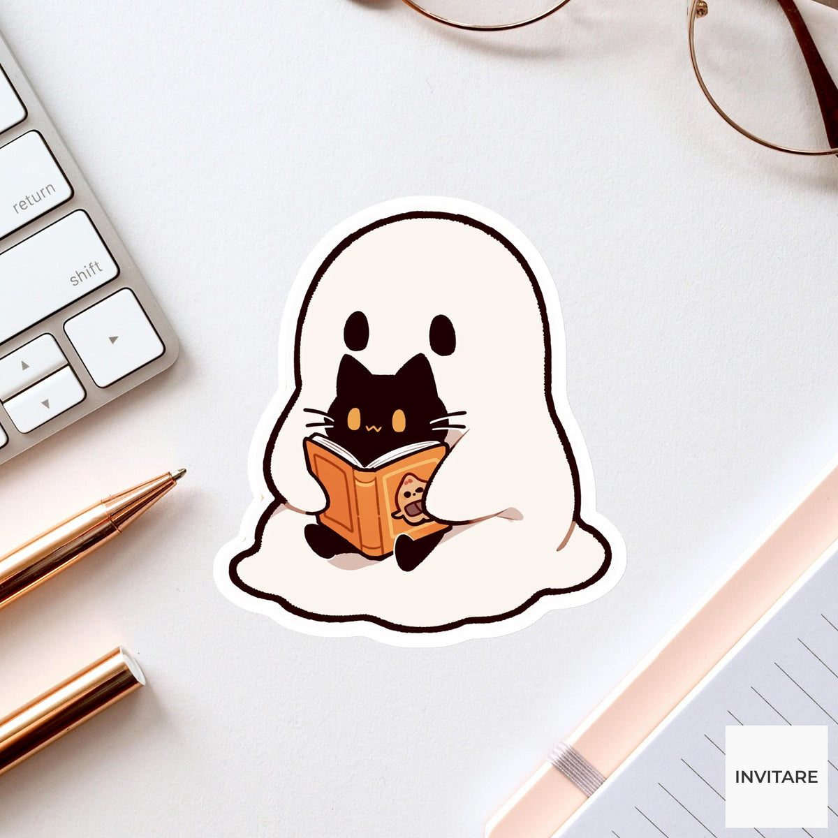 Ghost Reading Black Cat Sticker, Cozy Halloween Book Decal for Journals