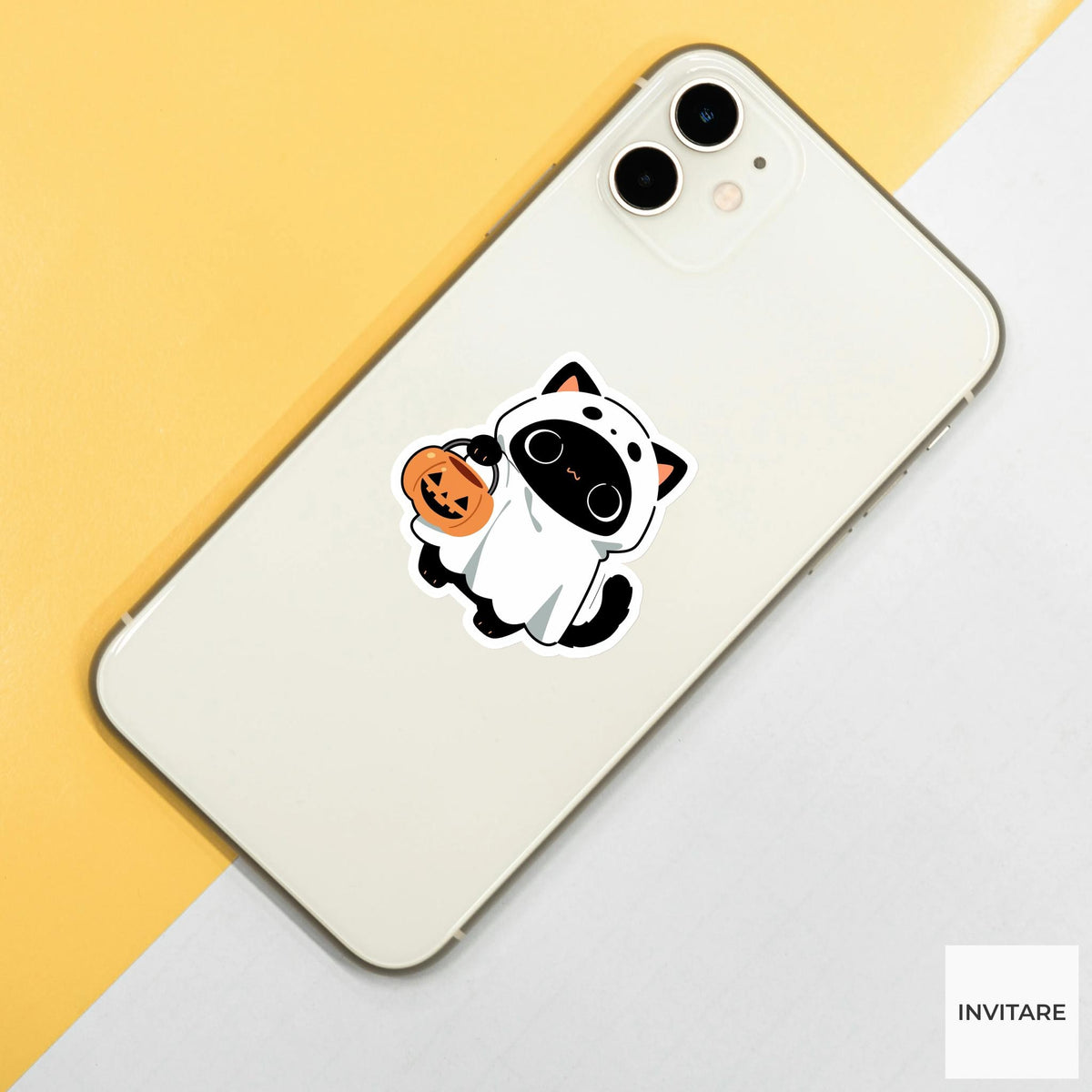 Panda Ghost Costume Sticker, Cute Pumpkin Bucket Halloween Decal for Laptops