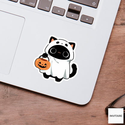Panda Ghost Costume Sticker, Cute Pumpkin Bucket Halloween Decal for Laptops