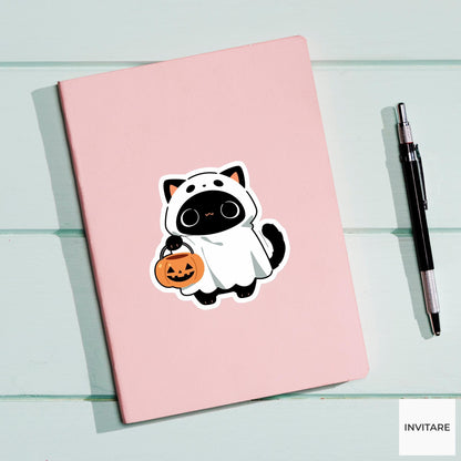 Panda Ghost Costume Sticker, Cute Pumpkin Bucket Halloween Decal for Laptops