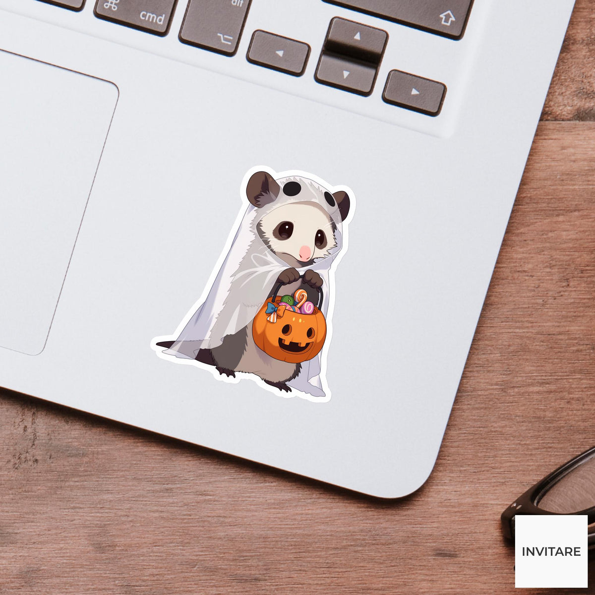 Possum Ghost Costume Sticker, Cute Pumpkin Bucket Halloween Decal for Laptops