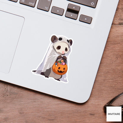 Possum Ghost Costume Sticker, Cute Pumpkin Bucket Halloween Decal for Laptops