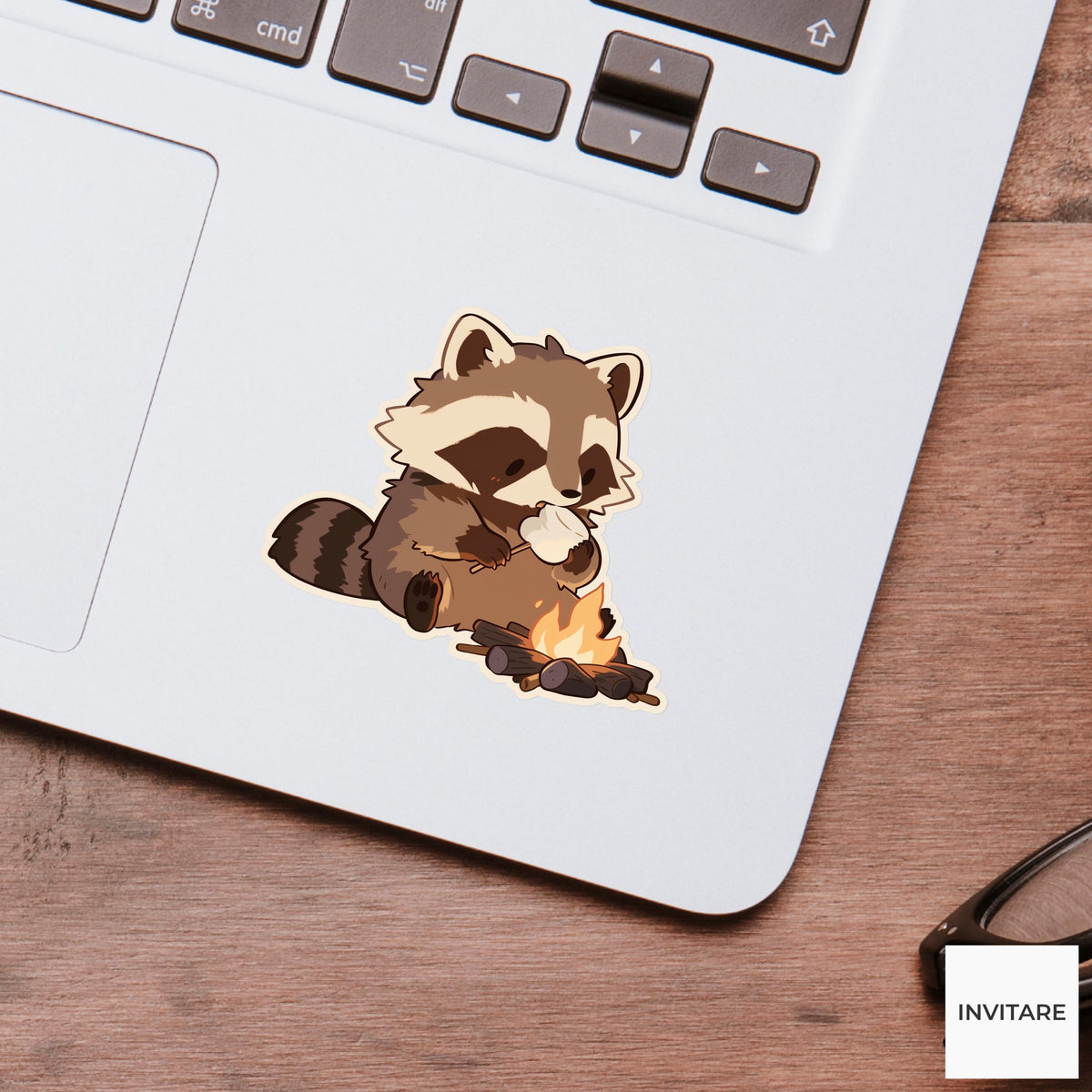 Raccoon Campfire Sticker, Funny Marshmallow Snack Thief Decal