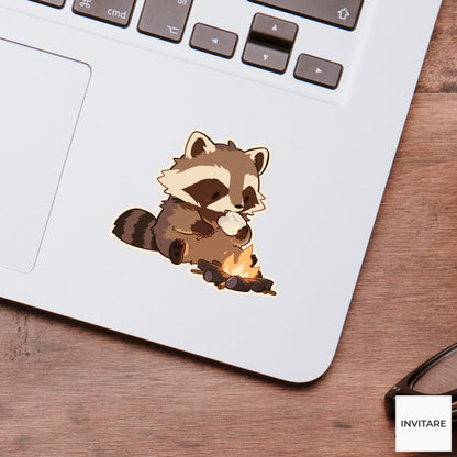 Raccoon Campfire Sticker, Funny Marshmallow Snack Thief Decal