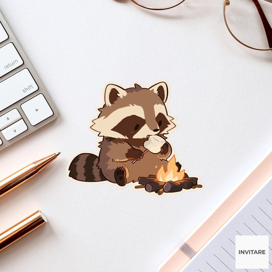 Raccoon Campfire Sticker, Funny Marshmallow Snack Thief Decal