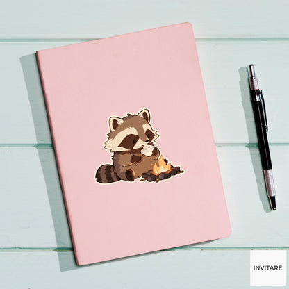 Raccoon Campfire Sticker, Funny Marshmallow Snack Thief Decal