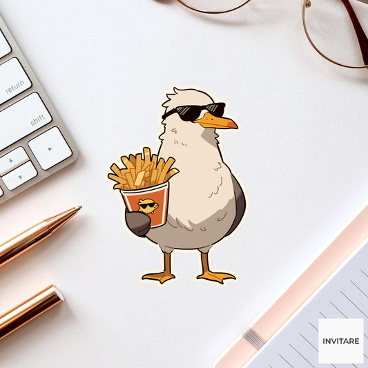 Seagull Fries Sticker, Funny Beach Snack Thief Summer Decal