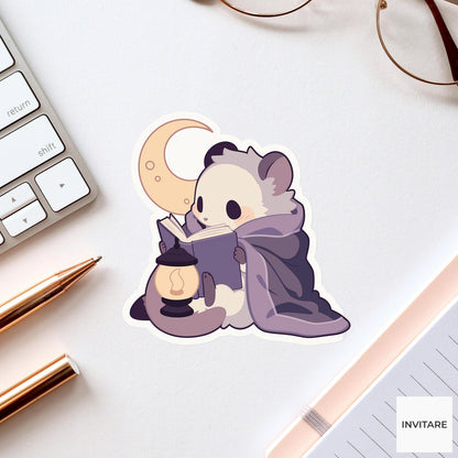 Cozy Possum Reading Sticker, Nocturnal Book Lover Laptop Decal