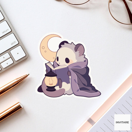 Cozy Possum Reading Sticker, Nocturnal Book Lover Laptop Decal