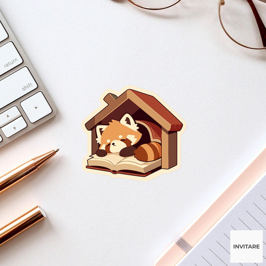 Red Panda Reading Nook Sticker, Cozy Book Lover Laptop Decal