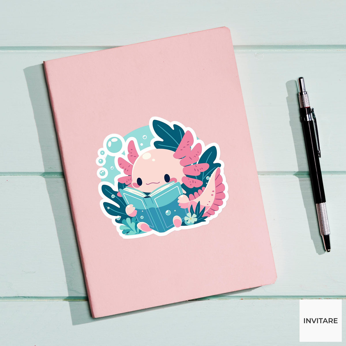 Axolotl Librarian Sticker, Aquatic Book Lover Laptop Decal