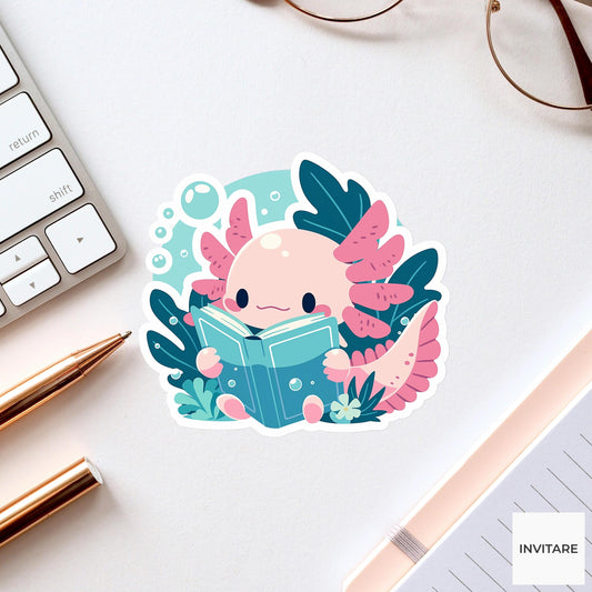 Axolotl Librarian Sticker, Aquatic Book Lover Laptop Decal