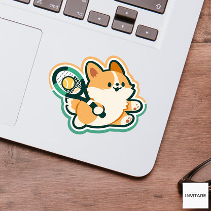 Corgi Tennis Player Sticker, Dog Sports Laptop Decal, Vinyl or Paper Option