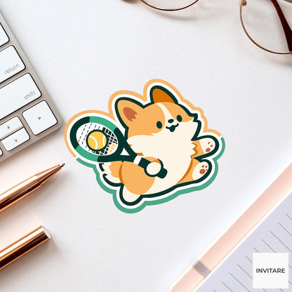 Corgi Tennis Player Sticker, Dog Sports Laptop Decal, Vinyl or Paper Option