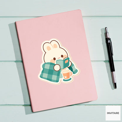 Bunny Kindle Reading Sticker, Cozy Book Lover Laptop Decal