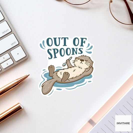 Out Of Spoons Otter Sticker, Funny Low Energy Laptop Planner Decal