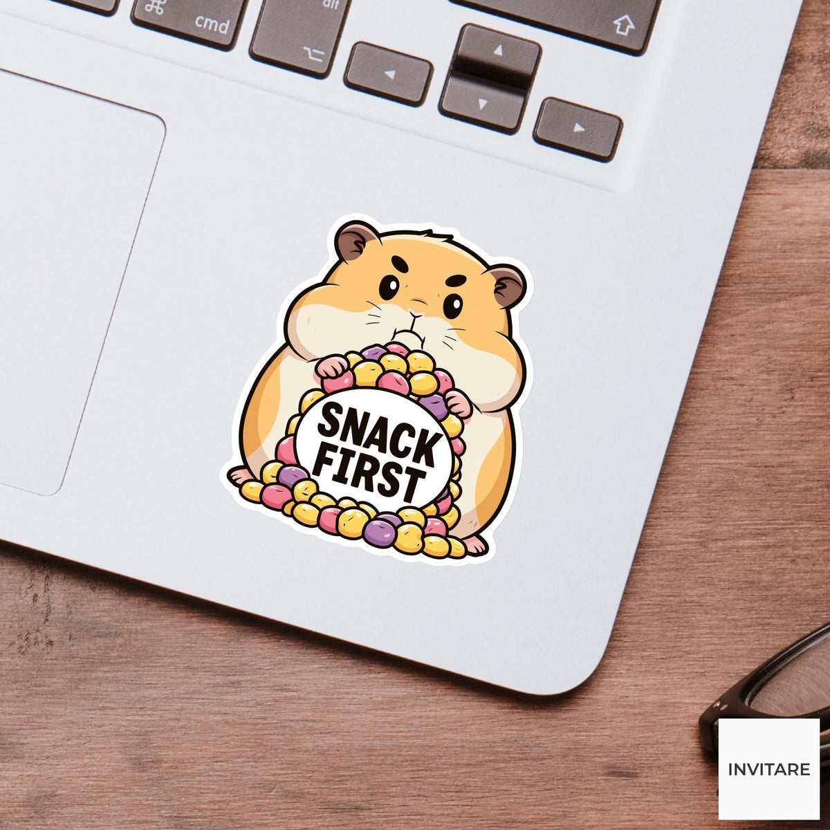 Snack First Hamster Sticker, Funny Treat Lover Laptop Water Bottle Decal