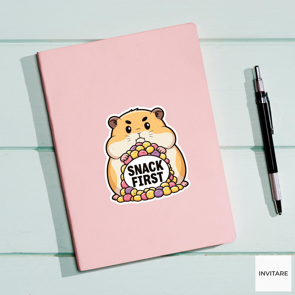 Snack First Hamster Sticker, Funny Treat Lover Laptop Water Bottle Decal