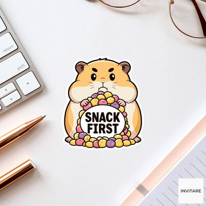 Snack First Hamster Sticker, Funny Treat Lover Laptop Water Bottle Decal