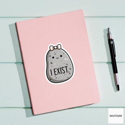 I Exist Pebble Sticker, Funny Tiny Rock Mood Laptop Planner Decal