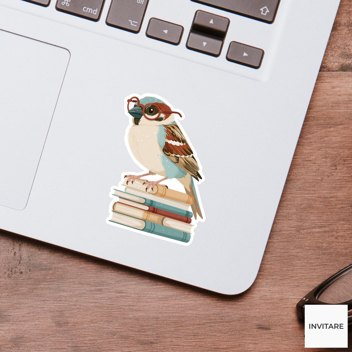 Sparrow Book Stack Sticker, Funny Tiny Reader Laptop Water Bottle Decal