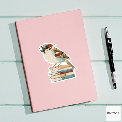 Sparrow Book Stack Sticker, Funny Tiny Reader Laptop Water Bottle Decal