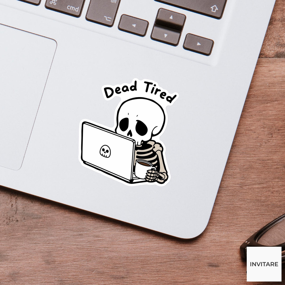 Dead Tired Skeleton Coffee Sticker, Funny Halloween Laptop Decal for Tired Readers