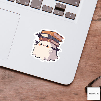 Ghost Librarian Book Sticker, Cozy Halloween Reading Decal for Kindle Journals