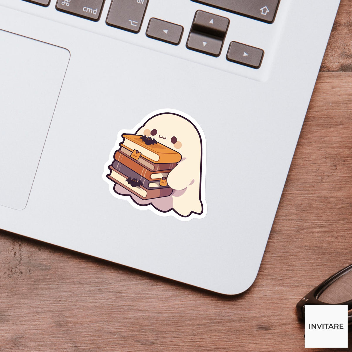Haunted Books Ghost Sticker, Bookish Halloween Laptop Decal for Cozy Readers
