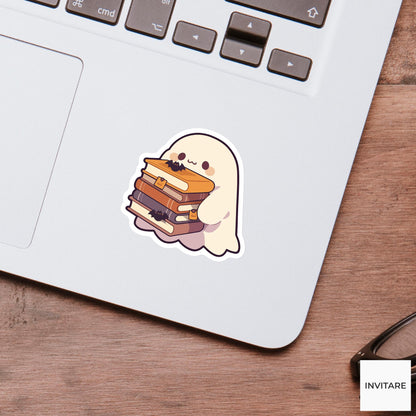 Haunted Books Ghost Sticker, Bookish Halloween Laptop Decal for Cozy Readers