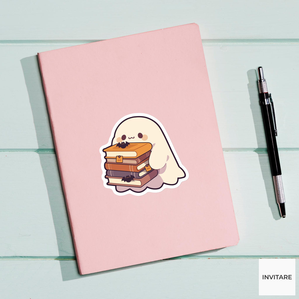 Haunted Books Ghost Sticker, Bookish Halloween Laptop Decal for Cozy Readers