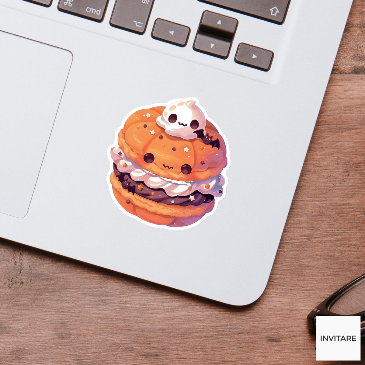 Pumpkin Macaron Ghost Sticker, Halloween Bakery Decal for Dessert Lovers