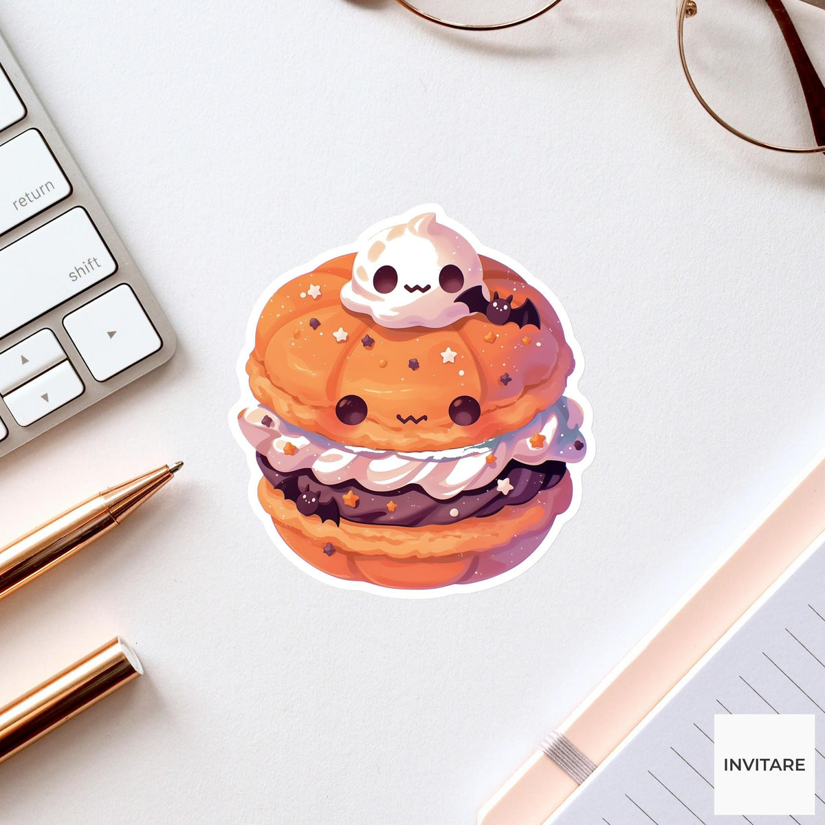 Pumpkin Macaron Ghost Sticker, Halloween Bakery Decal for Dessert Lovers