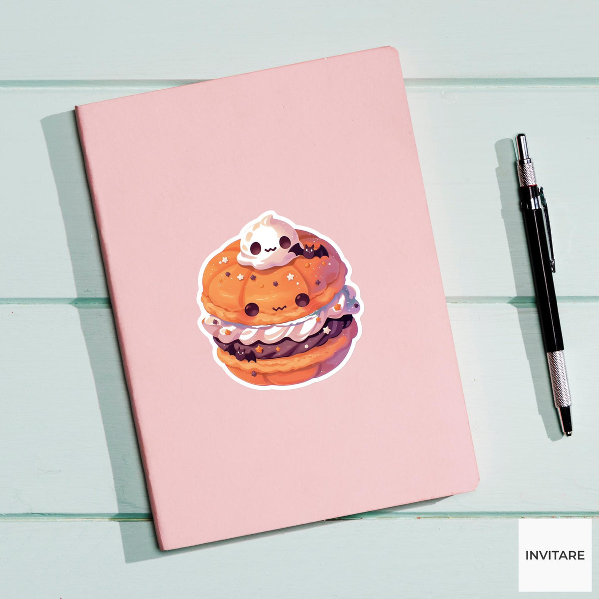 Pumpkin Macaron Ghost Sticker, Halloween Bakery Decal for Dessert Lovers