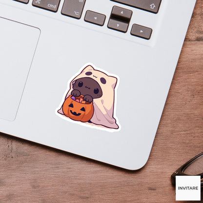 Black Cat Ghost Costume Sticker, Pumpkin Candy Bucket Halloween Decal