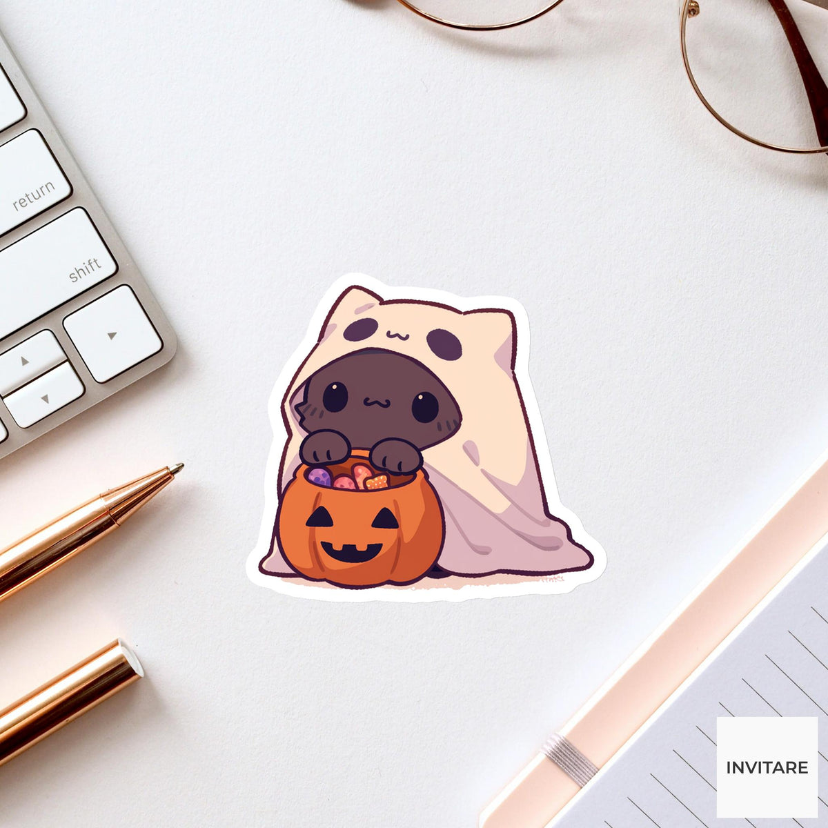 Black Cat Ghost Costume Sticker, Pumpkin Candy Bucket Halloween Decal