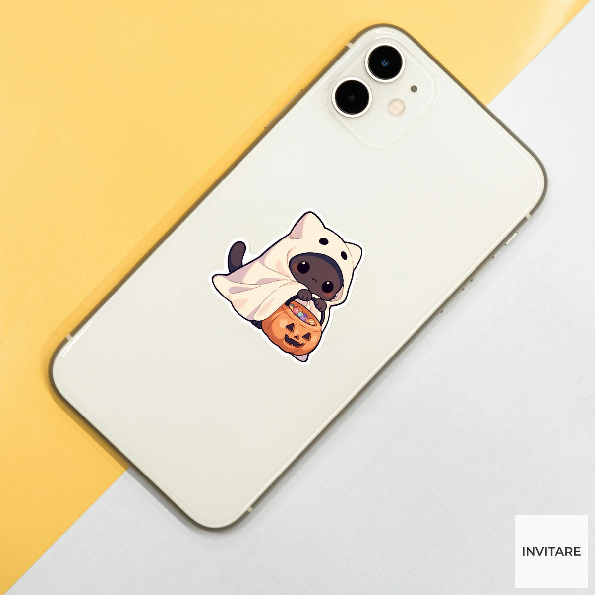 Round Black Cat Ghost Sticker, Kawaii Halloween Candy Bucket Decal