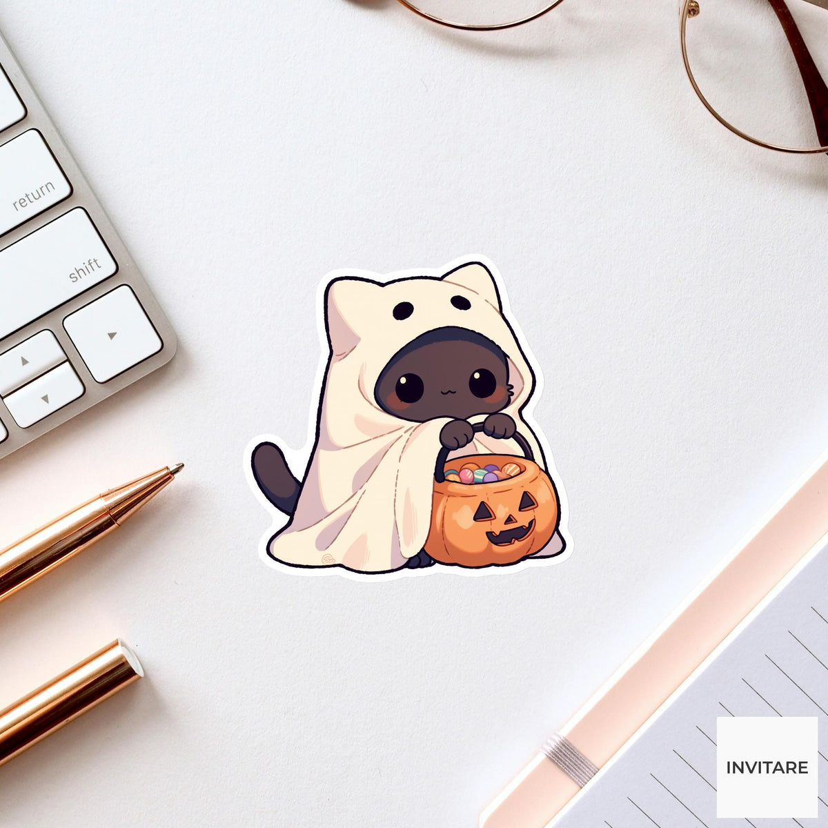 Round Black Cat Ghost Sticker, Kawaii Halloween Candy Bucket Decal