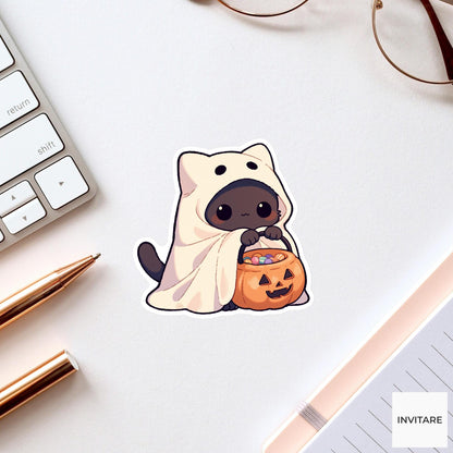 Round Black Cat Ghost Sticker, Kawaii Halloween Candy Bucket Decal