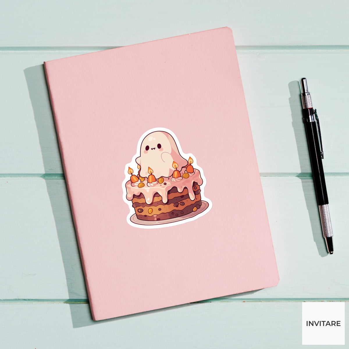Pink Ghost Cake Sticker, Pastel Halloween Bakery Decal for Dessert Journals