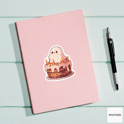 Pink Ghost Cake Sticker, Pastel Halloween Bakery Decal for Dessert Journals