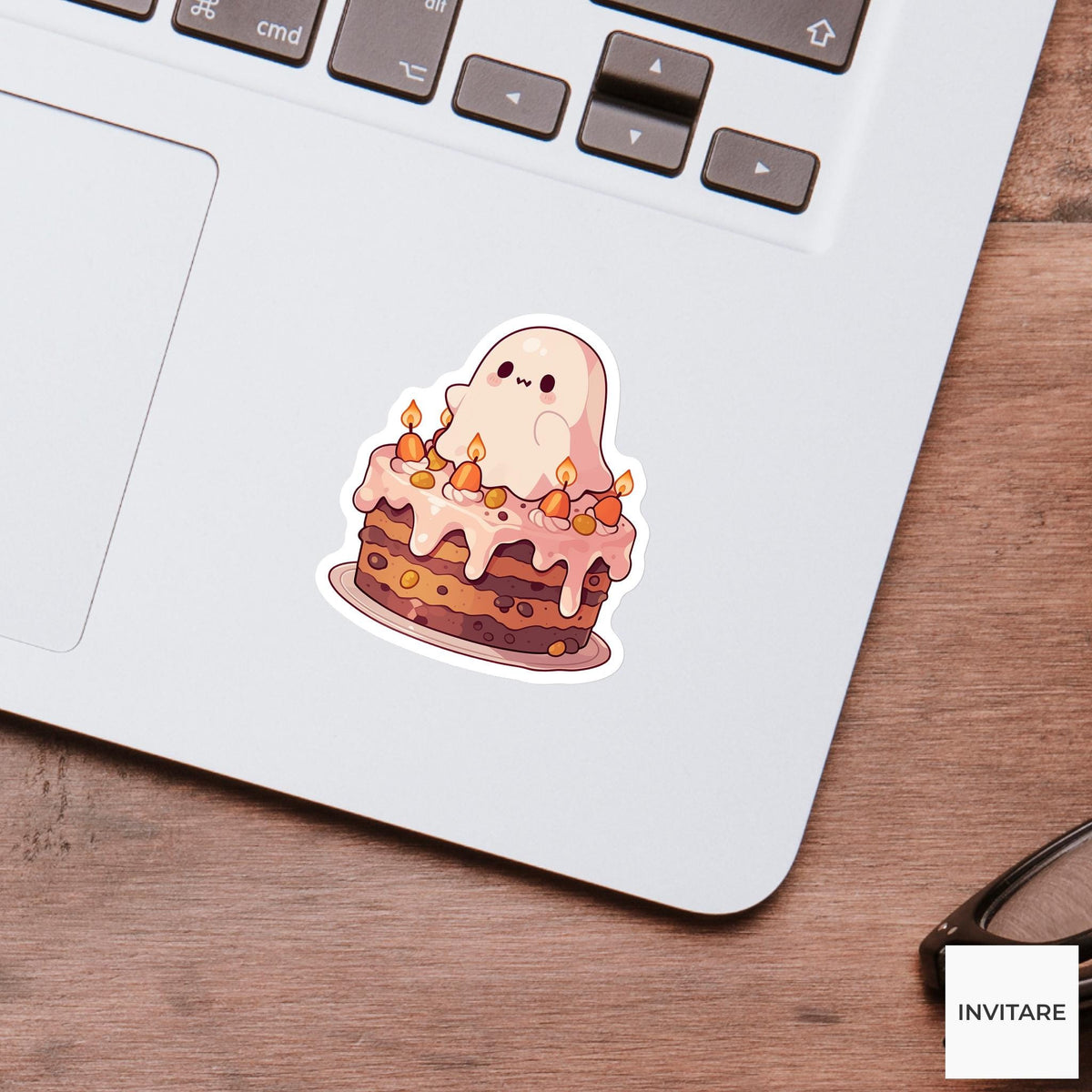 Pink Ghost Cake Sticker, Pastel Halloween Bakery Decal for Dessert Journals