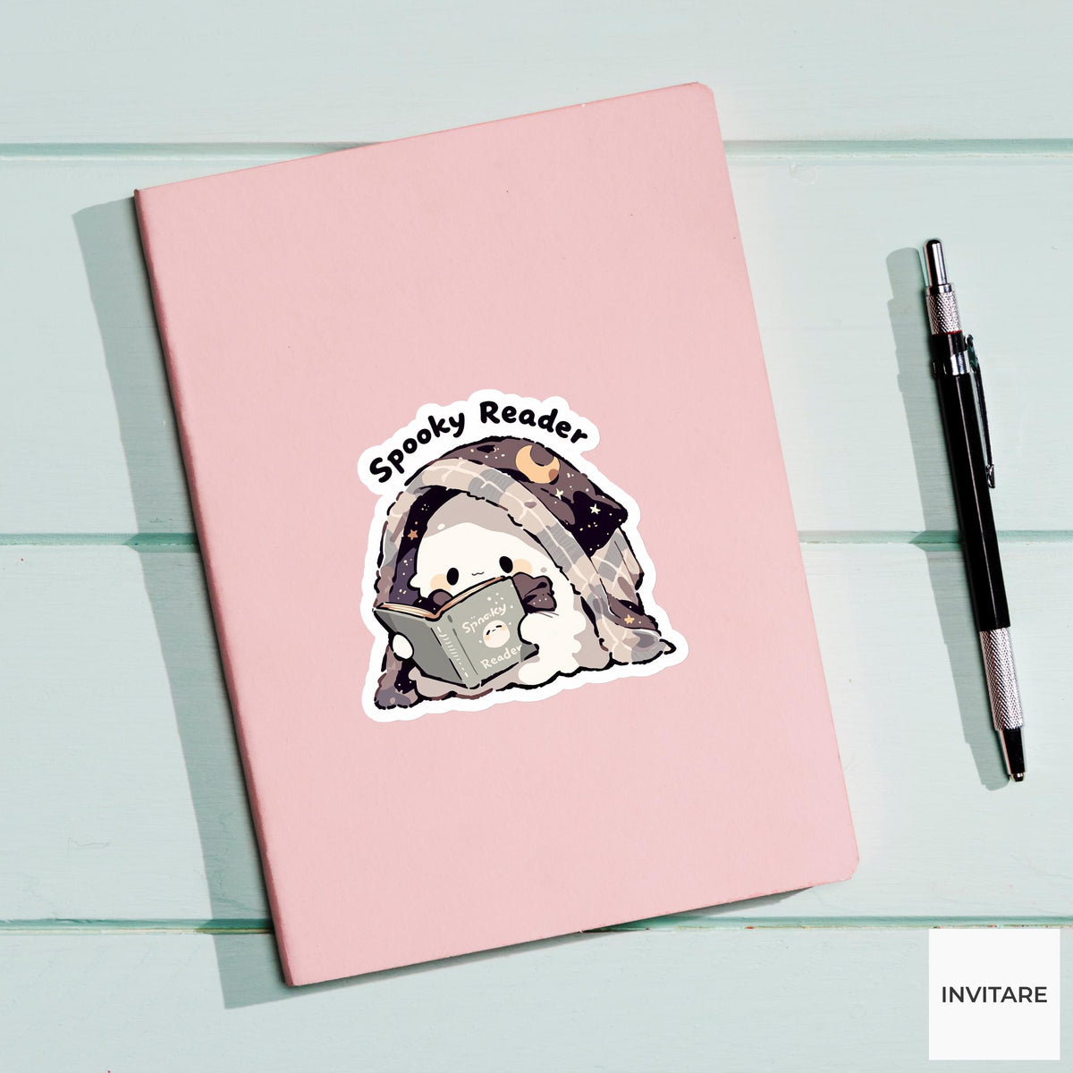 Spooky Reader Ghost Sticker, Crescent Moon Book Decal for Kindle Journals