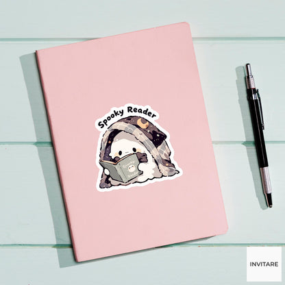 Spooky Reader Ghost Sticker, Crescent Moon Book Decal for Kindle Journals