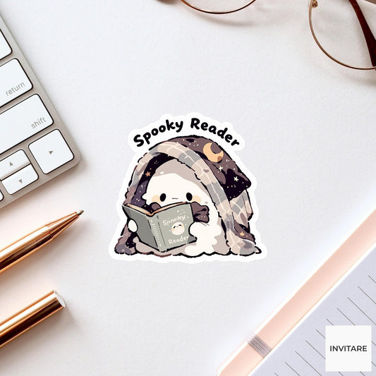Spooky Reader Ghost Sticker, Crescent Moon Book Decal for Kindle Journals